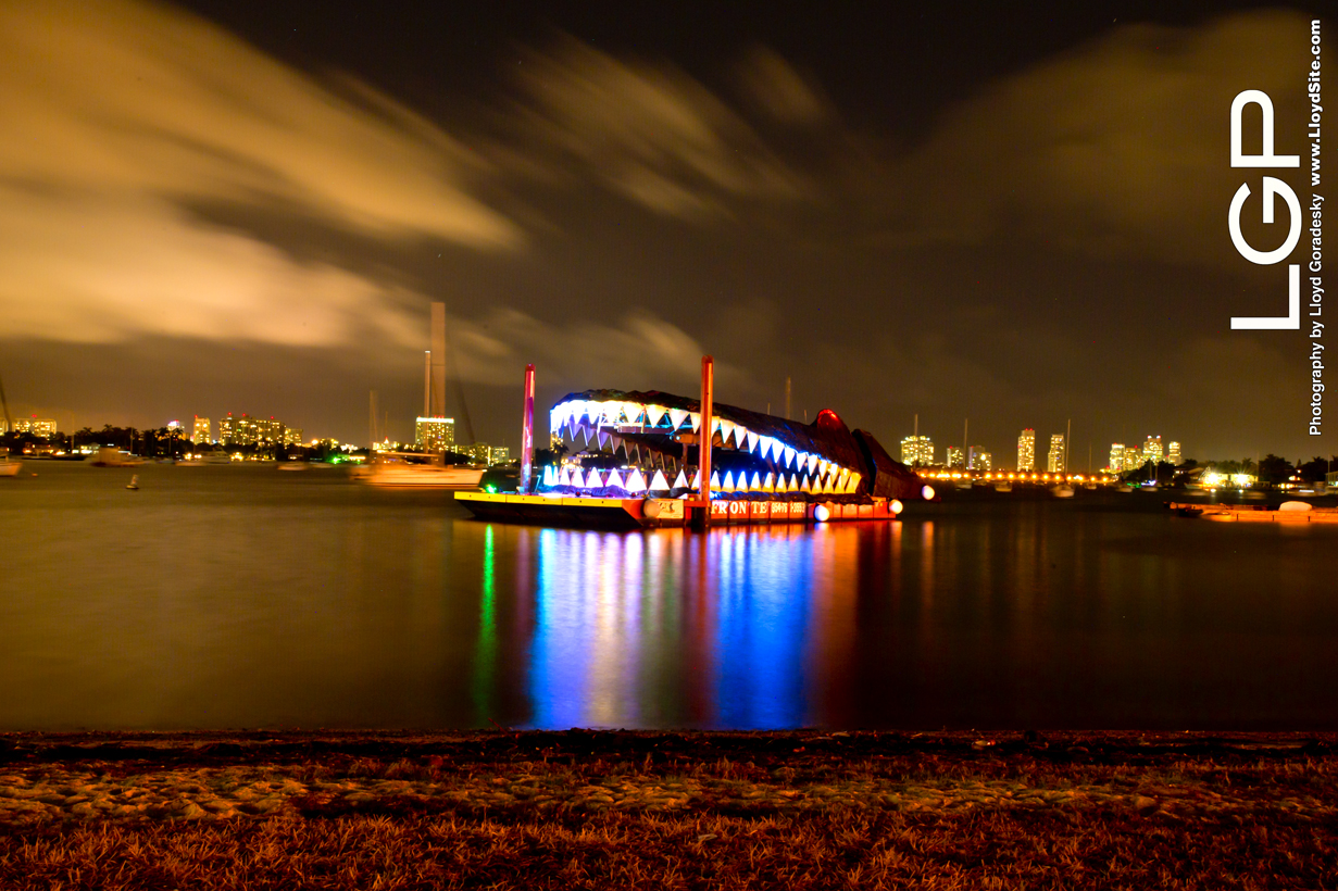 The Gator in the Bay installation floating across Biscayne Bay